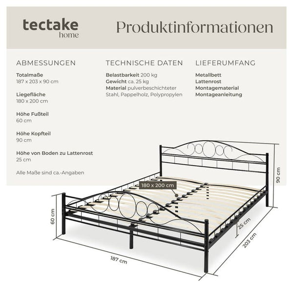 Metallbett mit Lattenrost im romantischen Design schwarz/schwarz 200 x 180 cm