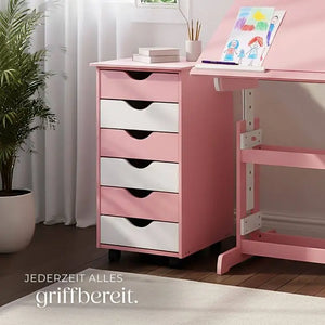 Rollcontainer aus Holz mit 6 Schubladen rosa