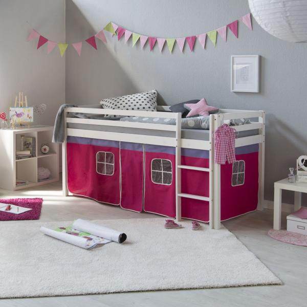 Kinderbett Hochbett Massiv Kiefer weiss pinker Vorhang,Spielbett 90 x 200 cm