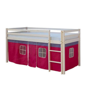Kinderbett Hochbett Massiv Kiefer weiss pinker Vorhang,Spielbett 90 x 200 cm