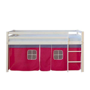 Kinderbett Hochbett Massiv Kiefer weiss pinker Vorhang,Spielbett 90 x 200 cm