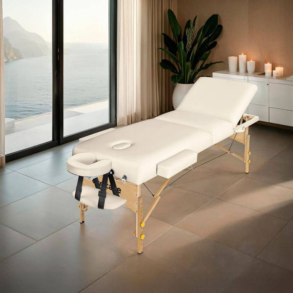 3 Zonen Massageliege-Set Somwang mit 7,5cm Polsterung, Rollen und Holzgestell beige
