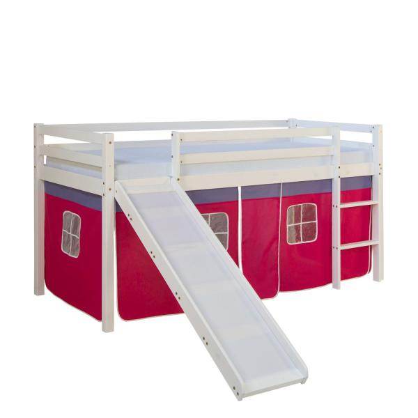 Hochbett Spielbett Kinderbett Rutsche Kiefer Vorhang rot 90x200 Jugendbett