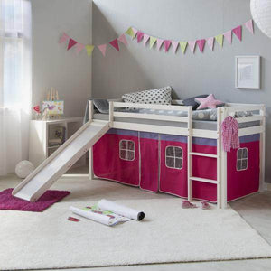 Kinderbett Hochbett Massiv Kiefer weiss pinker Vorhang, Rutsche, Spielbett 90 x 200 cm