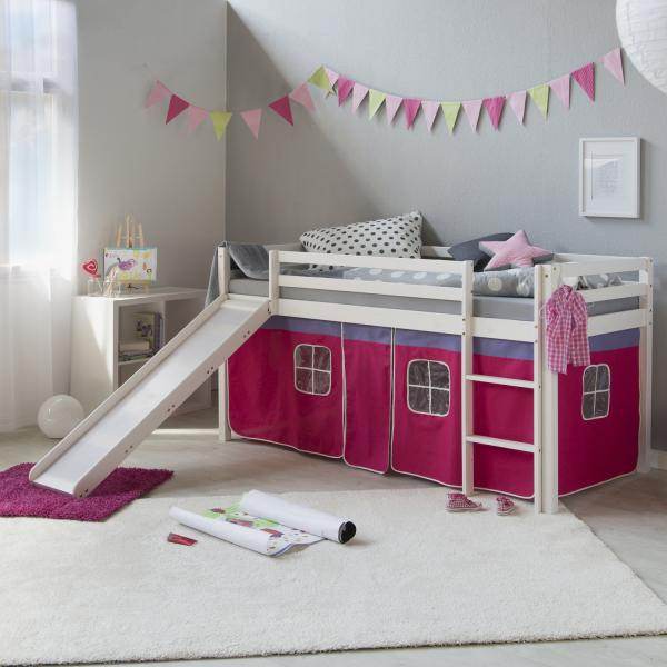 Kinderbett Hochbett Massiv Kiefer weiss pinker Vorhang, Rutsche, Spielbett 90 x 200 cm