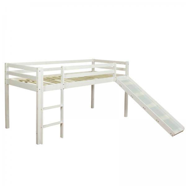 Hochbett Spielbett Kinderbett 90x200 cm Lattenrost Matratze Leiter Rutsche Weiss Holz Massiv