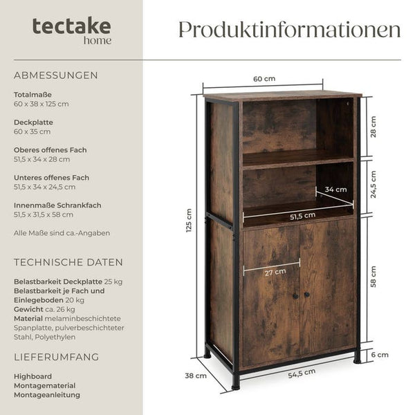 Highboard Doncaster Industrial Holz dunkel, rustikal