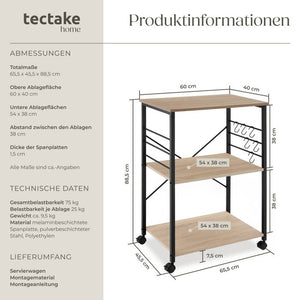 Servierwagen Rugby 65,5x45,5x88,5cm Industrial Holz hell, Eiche Sonoma