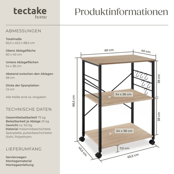 Servierwagen Rugby 65,5x45,5x88,5cm Industrial Holz hell, Eiche Sonoma