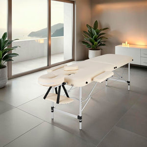 Lettino da massaggio a 2 zone con imbottitura, rulli massaggianti e struttura in alluminio - beige