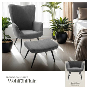 Sessel Hygge gepolstert, ergonomisch, Belastbarkeit 150 kg Breitcord anthrazit/schwarz mit Hocker