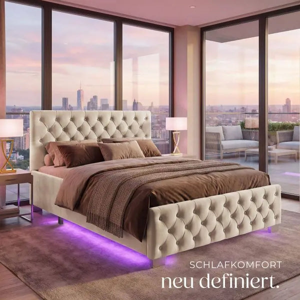 Polsterbett Sedona mit LED und Stauraum Samtoptik sand 120 x 200 cm