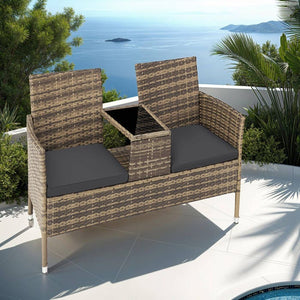 Rattan Gartensitzbank mit Tisch natur/dunkelgrau