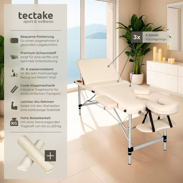 3 Zonen Massageliege mit 5cm Polsterung, Rollen und Aluminiumgestell beige