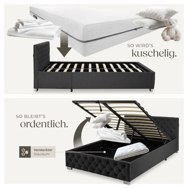 Bettset Polsterbett mit LED und Matratze Samtoptik schwarz 140 x 200 cm