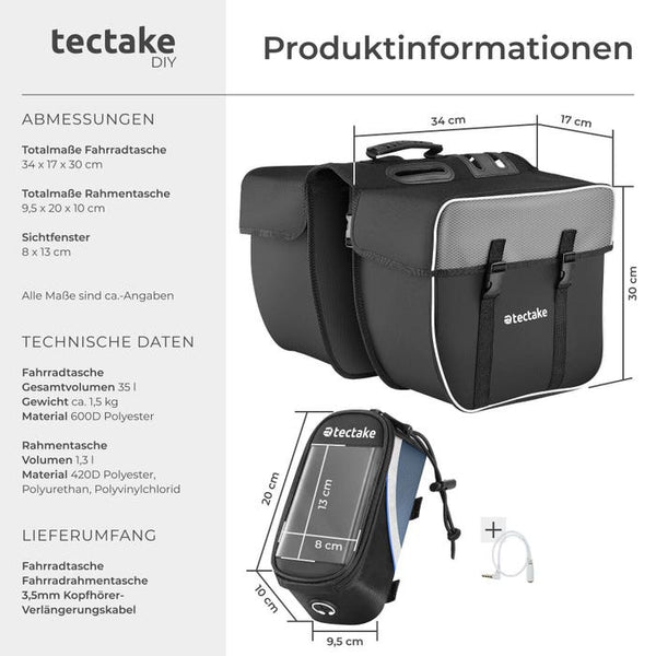 Set Fahrradtasche Georg und Fahrradrahmentasche schwarz/blau 20 x 9,5 x 10 cm