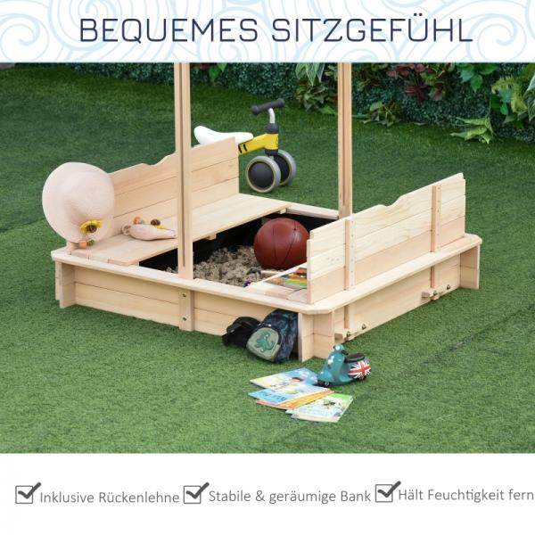 Sandkasten Sandkiste aus Holz mit Dach abnehmbar Rücklehnen verstellbar Tannenholz Natur