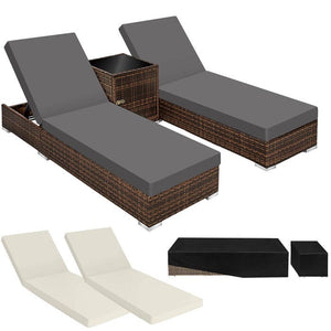 2 aluminium polyrattan sun loungers + table, brown