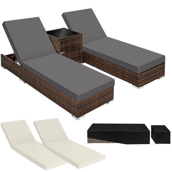 2 aluminium polyrattan sun loungers + table, brown