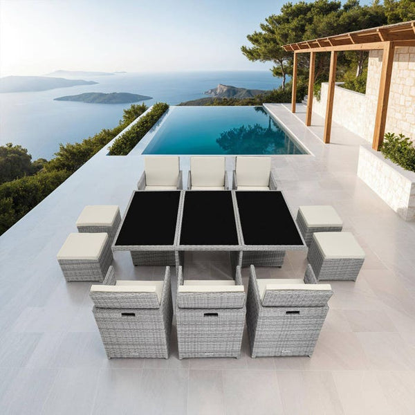 Aluminium Rattan Sitzgruppe New York 6+4+1, hellgrau