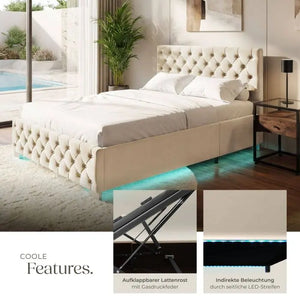 Polsterbett Sedona mit LED und Stauraum Samtoptik sand 120 x 200 cm