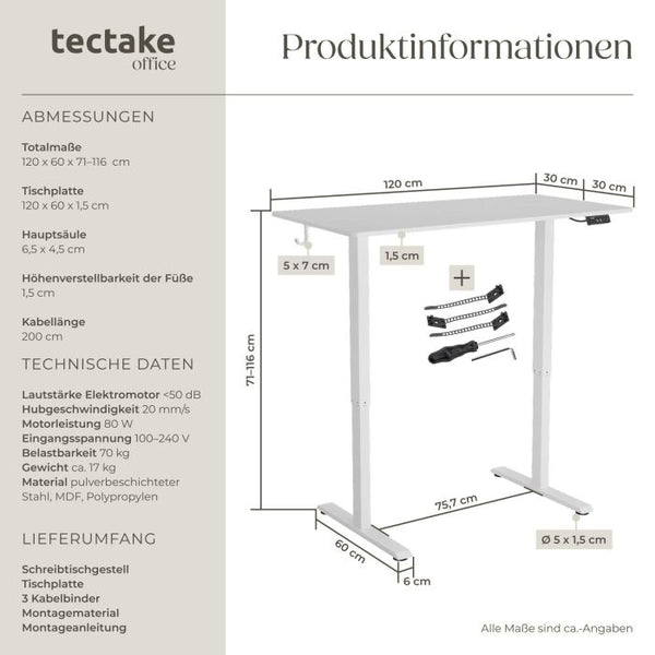 Elektrisch höhenverstellbarer Schreibtisch Loki weiss 120 x 60 cm