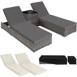 2 lettini prendisole in alluminio e polyrattan + tavolo grigio