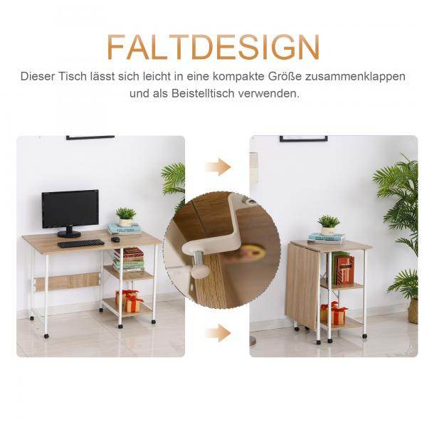 Klapptisch Tisch Schreibtisch Bürotisch mit Rollen Computertisch Mobil MDF Natur