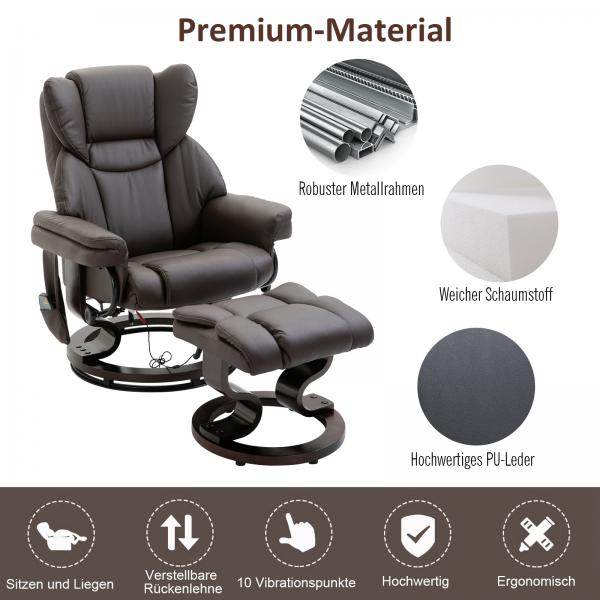 Massagesessel Relaxsessel mit Fusshocker Heizfunktion Kunstleder Braun