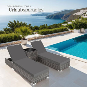 2 lettini prendisole in alluminio e polyrattan + tavolo grigio