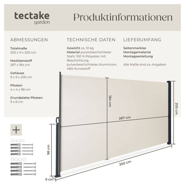 Ausziehbare Seitenmarkise mit Aufrollmechanismus, blickdicht beige 300 x 200 cm