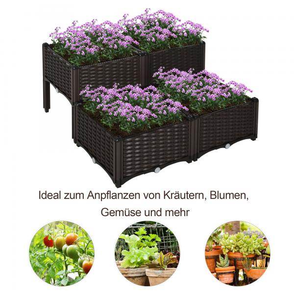 Hochbeet, 4-teiliger Pflanzkasten mit Abflusslöchern, Blumenkasten