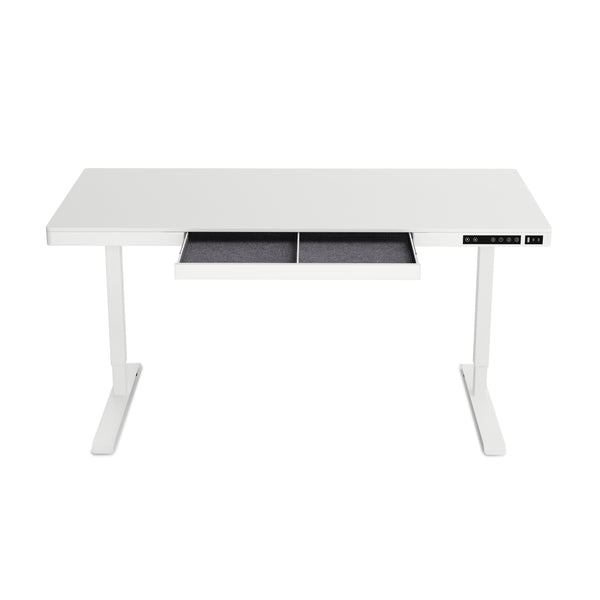 Bureau assis-debout électrique avec tiroir, 140 x 70 cm, blanc