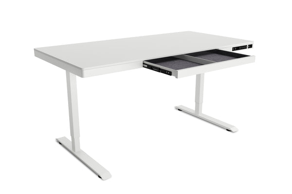 Bureau assis-debout électrique avec tiroir, 140 x 70 cm, blanc