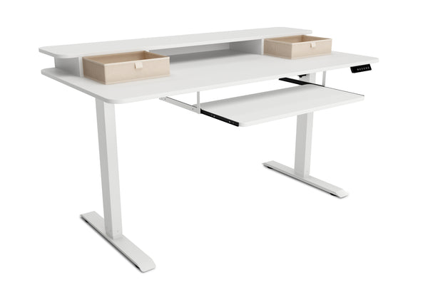 Stehpult elektrisch mit Ablage + Tastaturfach 140 x 70 cm weiss