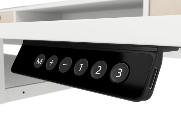 Stehpult elektrisch mit Ablage + Tastaturfach 140 x 70 cm weiss