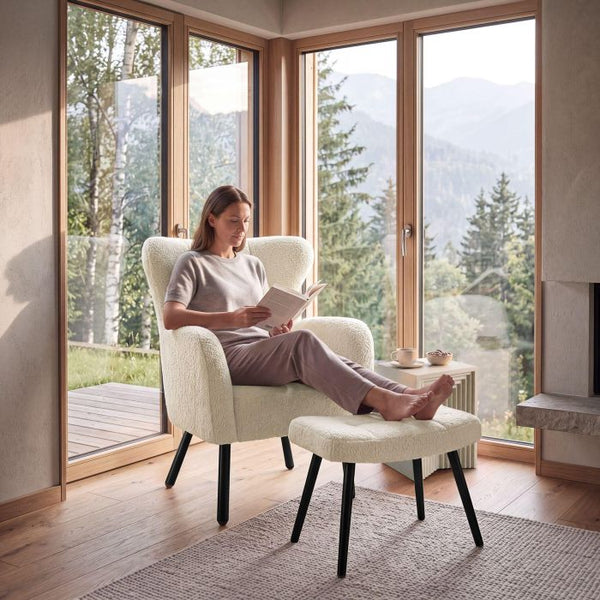 Sessel mit Hocker Vänersborg Bouclé creme/schwarz