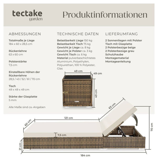 2 Polyrattan Sonnenliegen mit Tisch, natur