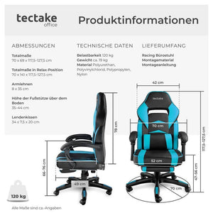 Racing office chair Comodo with footrest, black/azure
