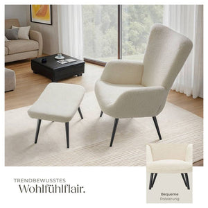 Sessel Hygge gepolstert, ergonomisch, Belastbarkeit 150 kg Bouclé creme/schwarz mit Hocker