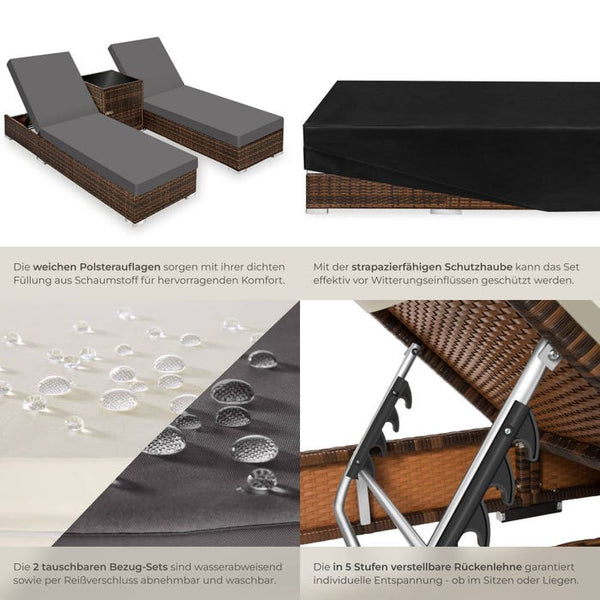 2 aluminium polyrattan sun loungers + table, brown