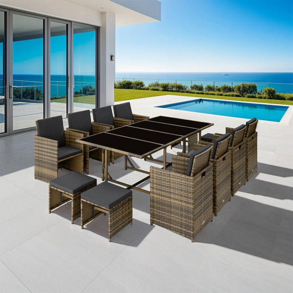 Rattan Sitzgruppe Palma 8+4+1 mit Schutzhülle natur/dunkelgrau