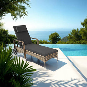 Sonnenliege Rattan mit Rollen natur/dunkelgrau