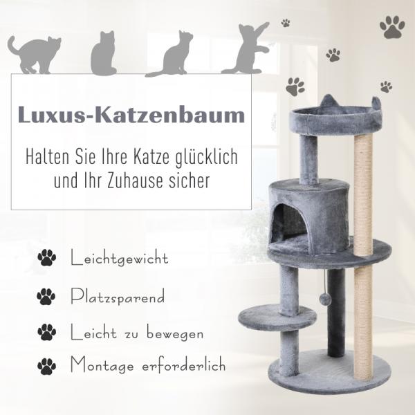 Katzenbaum 4-Stock Katzenhöhle mit Spielbällen Sitzstange Sisalsäule Sisal Plüsch Grau