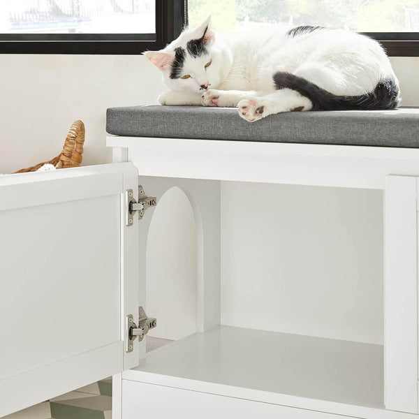 Katzenhaus mit Katzennäpfe | Tierhaus | Schuhbank mit Katzenhaus | Weiss FSR136-W