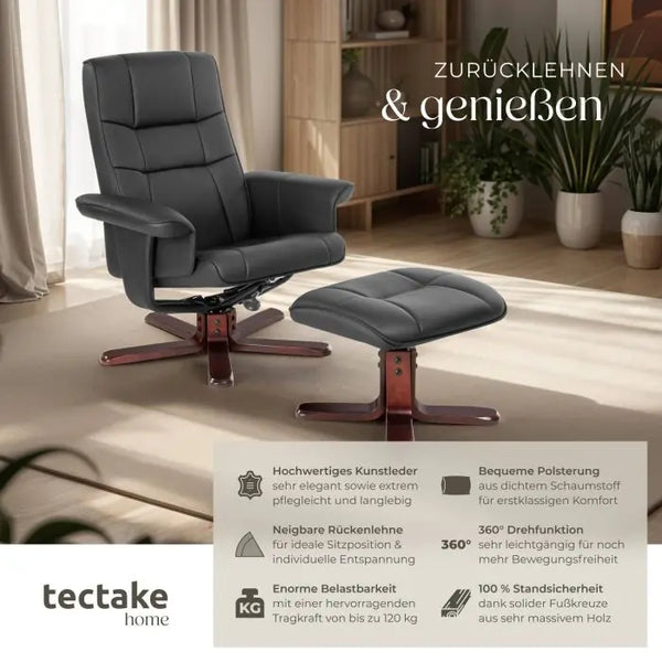 Fernsehsessel mit Hocker drehbar Kunstleder schwarz/braun