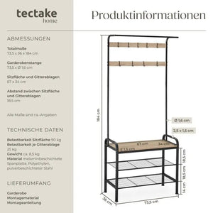 Garderobe Wichita mit Sitzbank Industrial Holz hell, Eiche Sonoma 73,5 x 36 x 184 cm
