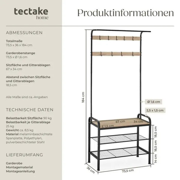 Garderobe Wichita mit Sitzbank Industrial Holz hell, Eiche Sonoma 73,5 x 36 x 184 cm