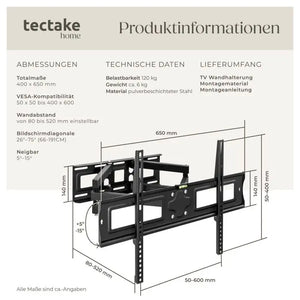TV-Wandhalterung neigbar schwenkbar 32-100 Zoll bis 120 kg schwarz