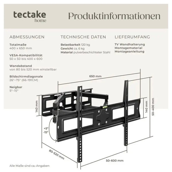 TV-Wandhalterung neigbar schwenkbar 32-100 Zoll bis 120 kg schwarz